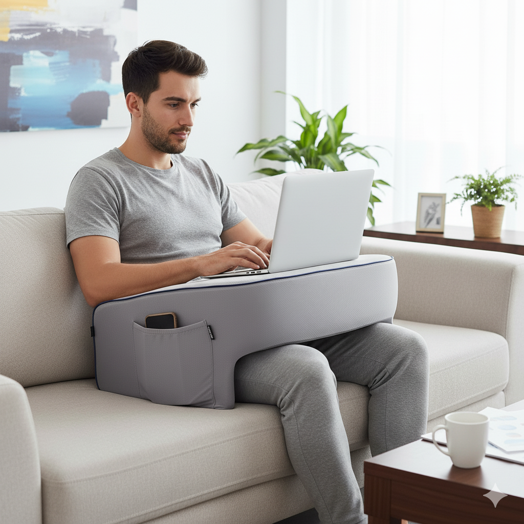Man comfortably using the Soffice Desk with his laptop on top, while sitting on a sofa