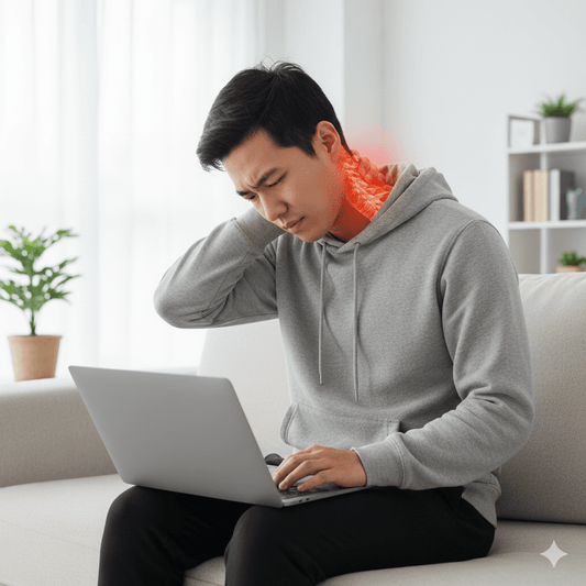 Illustration of forward head posture caused by looking down at a laptop screen