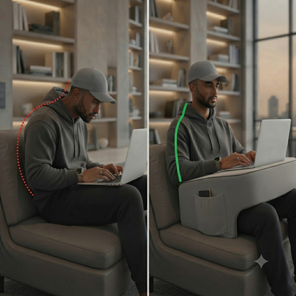 Man using his laptop directly on his lap with bad posture, compared to the man using the Soffice Desk ergonomic laptop tray on a sofa sitting upright with good posture.