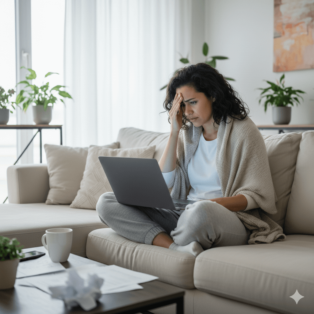Woman holding her head because she has a headache, due to using her laptop on her lap without a desk