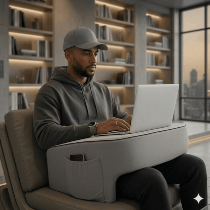 A man using the Soffice Desk, which is an ergonomic tray to elevate his laptop like a desk, while working from home on the sofa in London. This alleviates stiff neck, back pain and headaches.