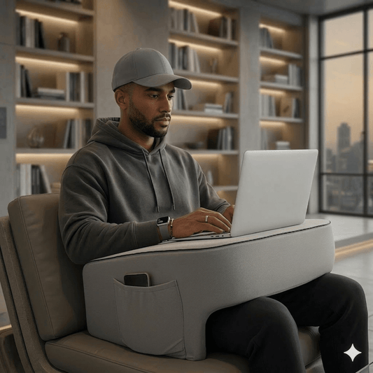 A man using the Soffice Desk, which is an ergonomic tray to elevate his laptop like a desk, while working from home on the sofa in London. This alleviates stiff neck, back pain and headaches.