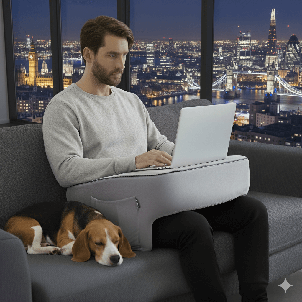 Man comfortably using the Soffice Desk with his laptop on top, while sitting on a sofa with his beagle dog