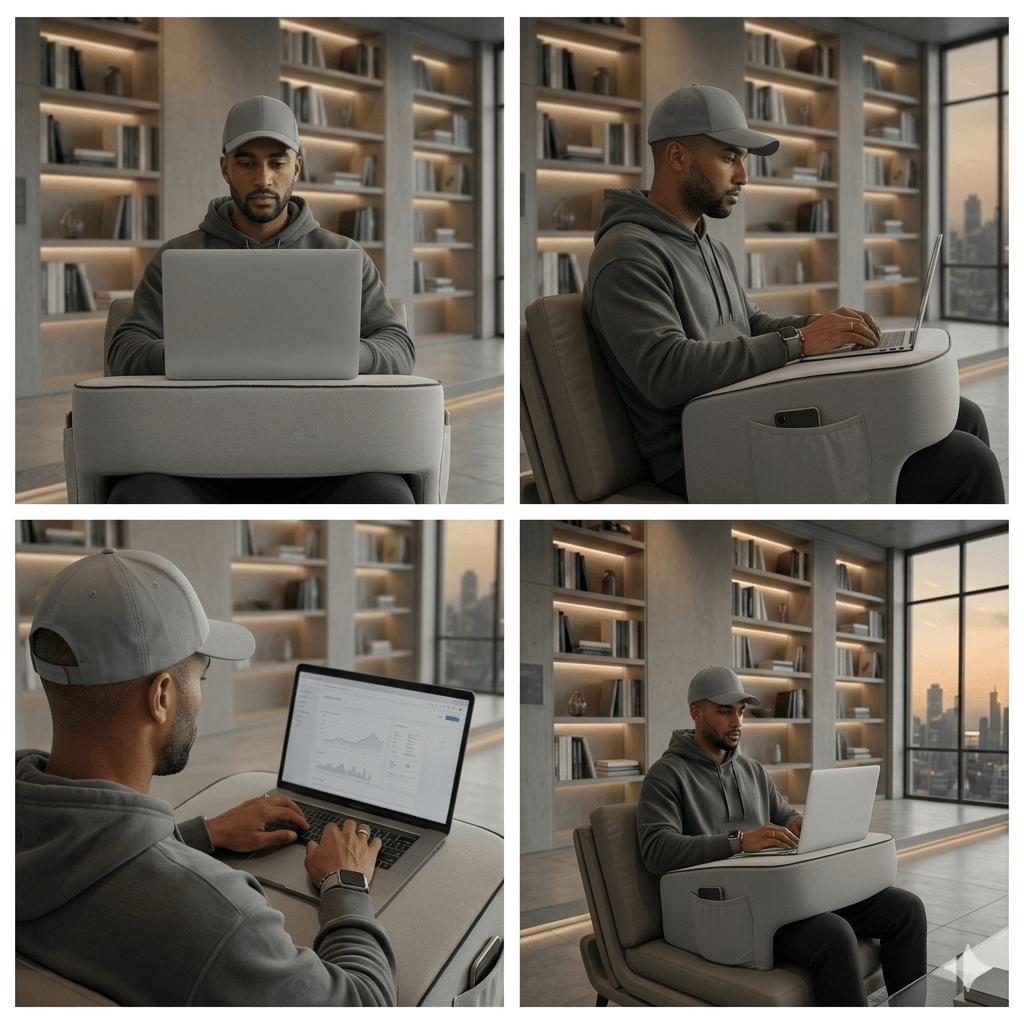 Multiple angles of a man using the Soffice Desk, which is a tray made from memory foam to elevate his laptop like a table while WFH. This alleviates stiff neck, back pain and headaches.